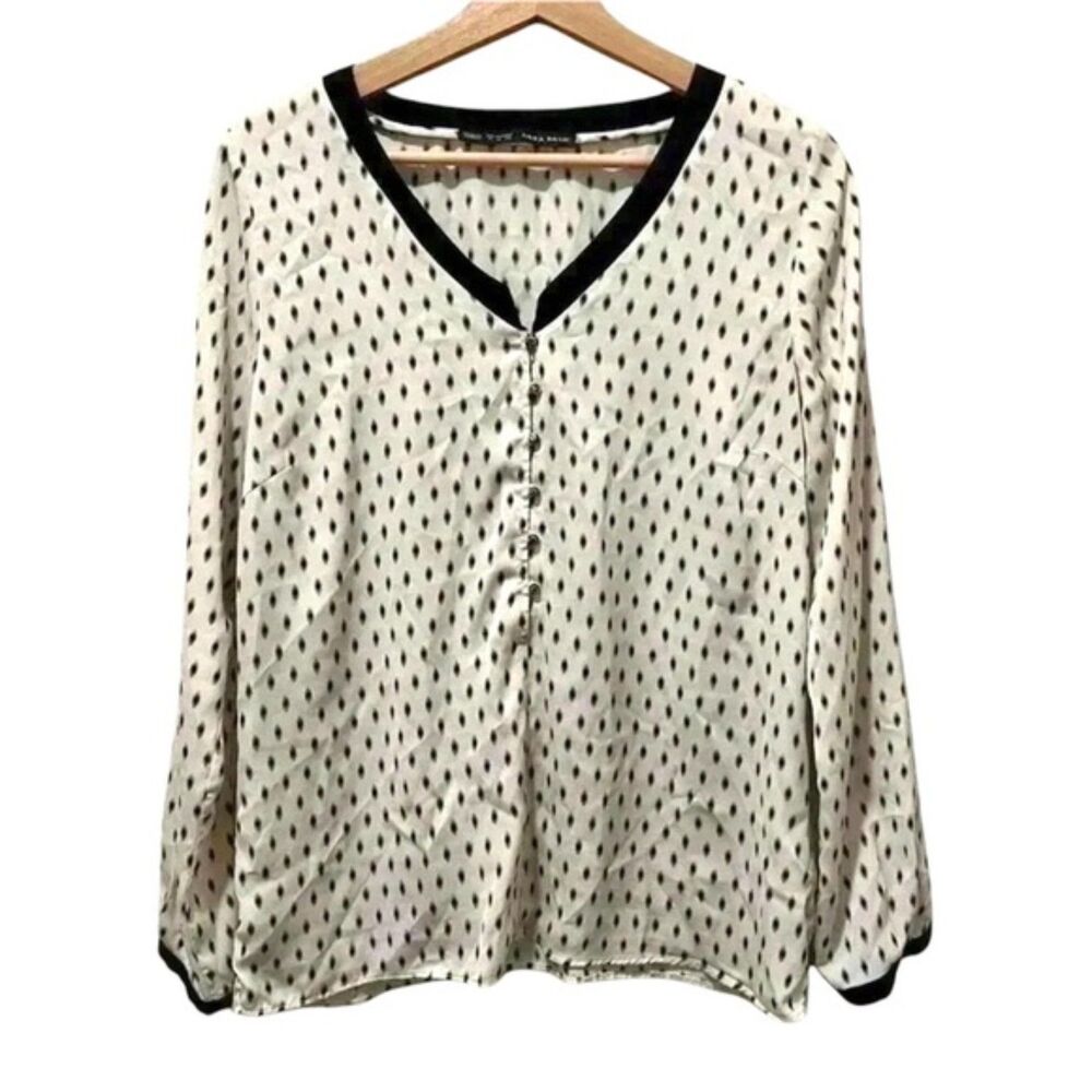Zara Basic Cream & Black Print Button Detail Blouse Womens Size Medium